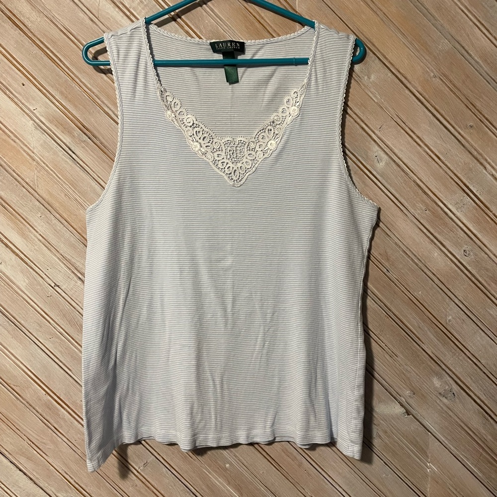 Ralph Lauren blue & white lace embroidered v neck collar stripped sleep tank top